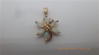 14K Yellow Gold Flower Pendant with White Opals and Diamond 1.7g